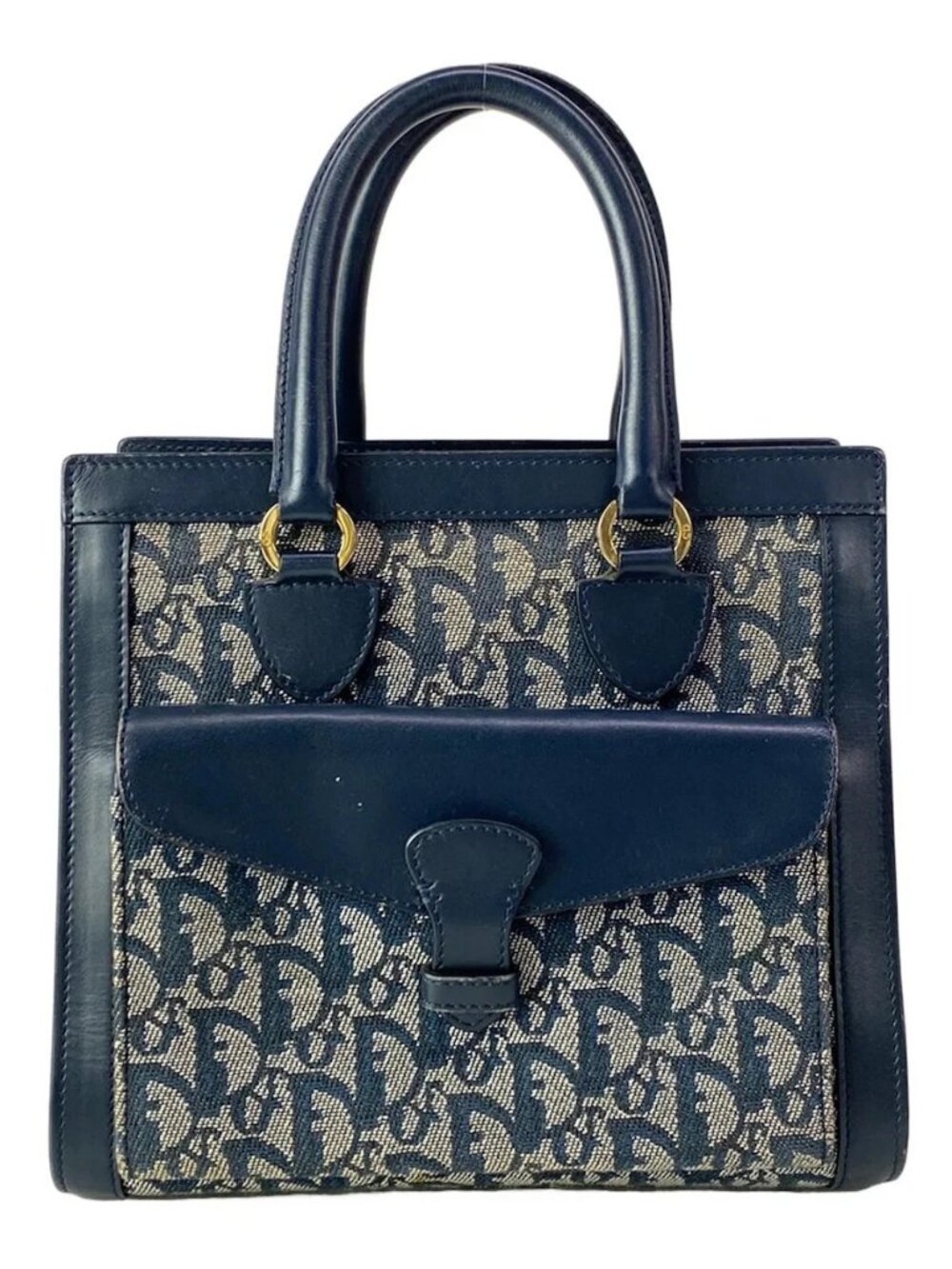 DIOR/ChristianDior Logogram White Dark Navy Jacquard Leather Handbag
